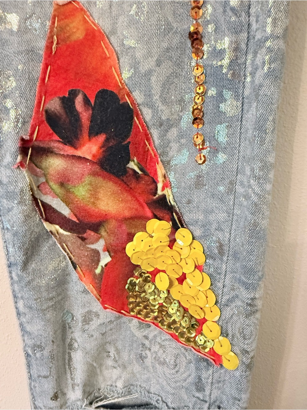 Angela Mele Milano Patchwork Embellished Cropped Jeans XS Italy Lace Sequin - Picture 3 of 10